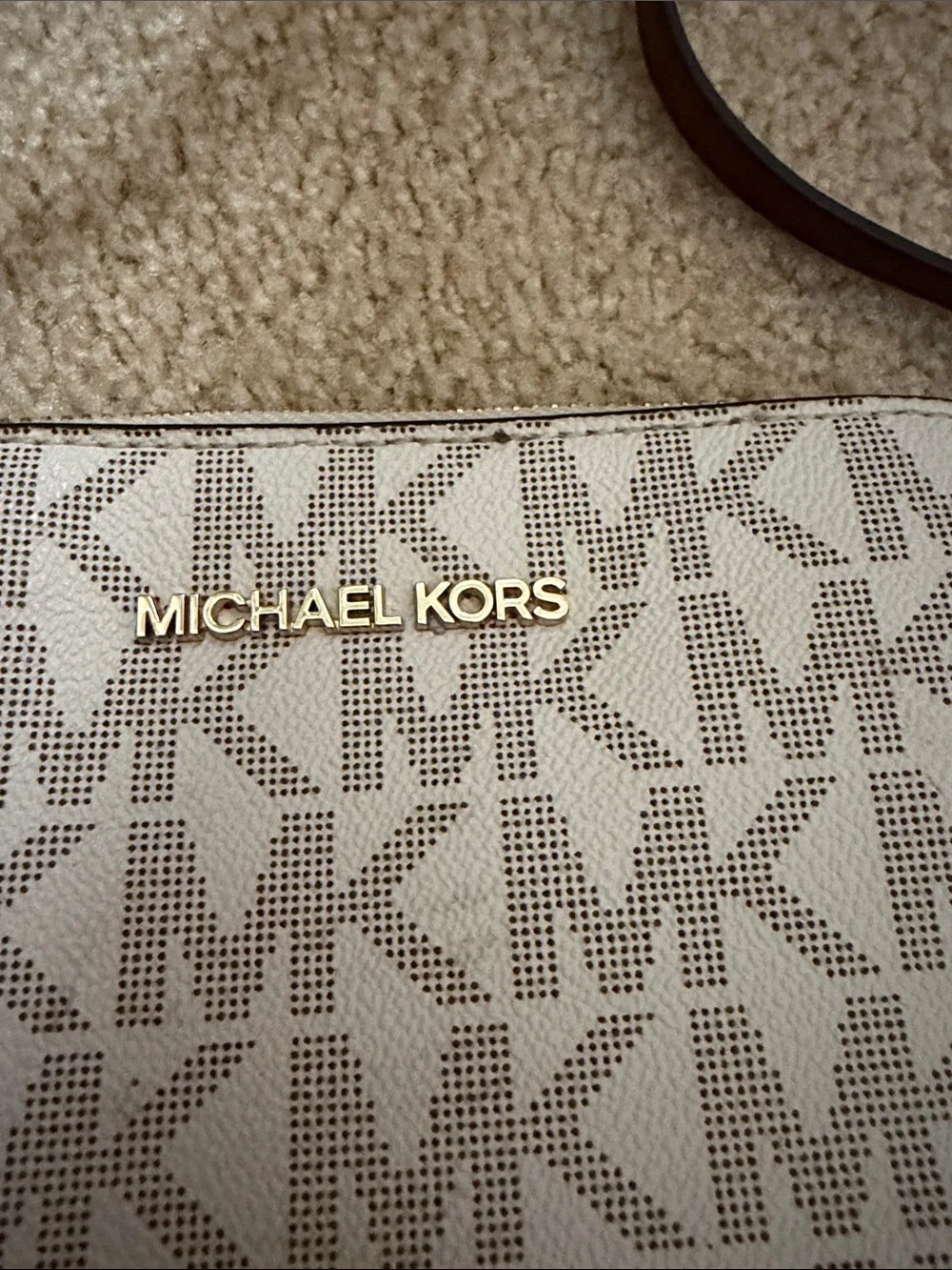 Michael Kors Beige/White Signature Crossbody with Brown Strap